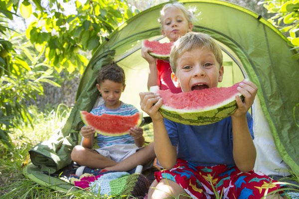 Ядене на плодове на пикник с палатки